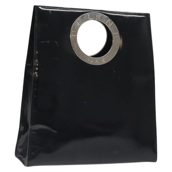 CELINE Hand Bag Enamel Black Silver Auth 121615 - Picture 1 of 16